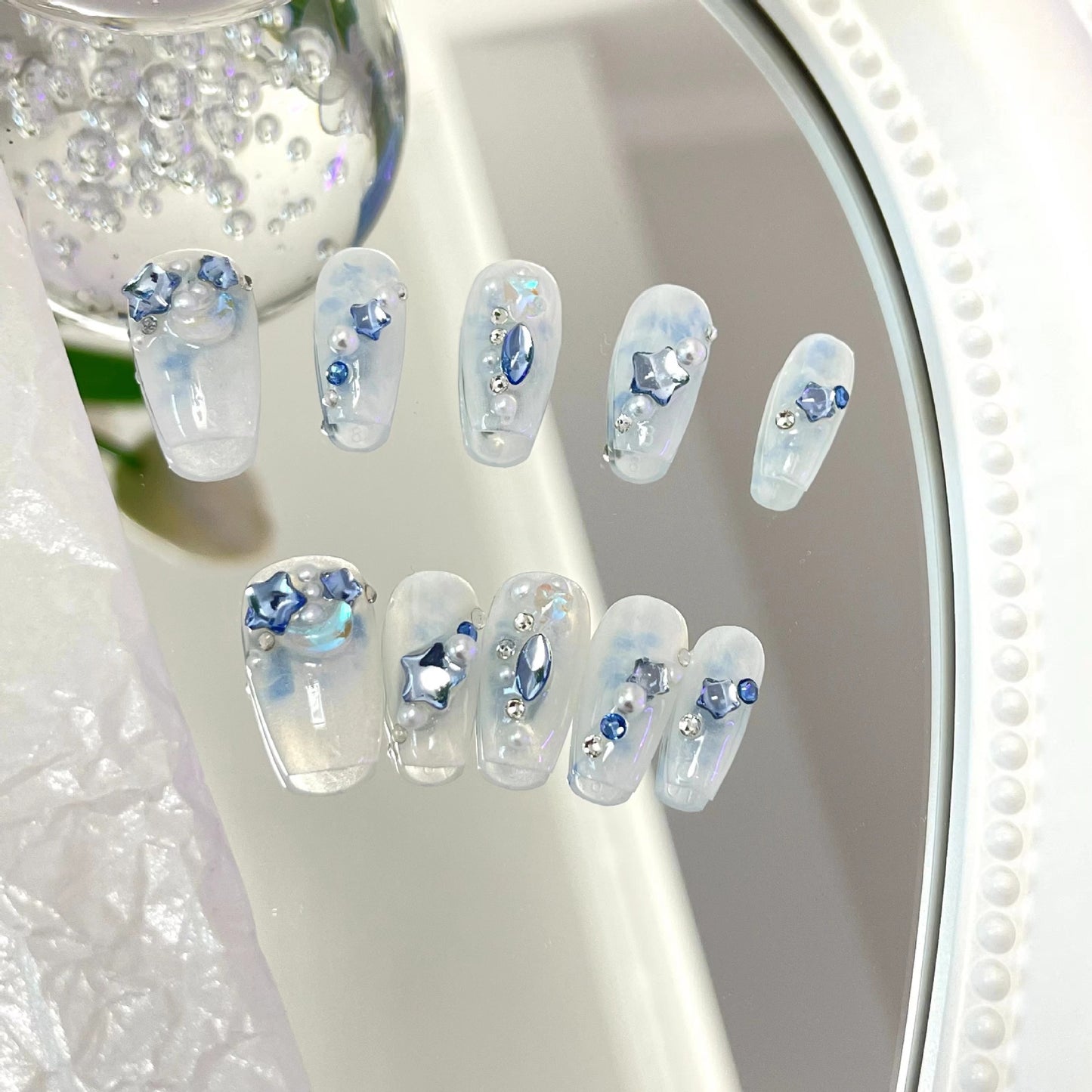 Blue Rhinestone Short Press On Nails