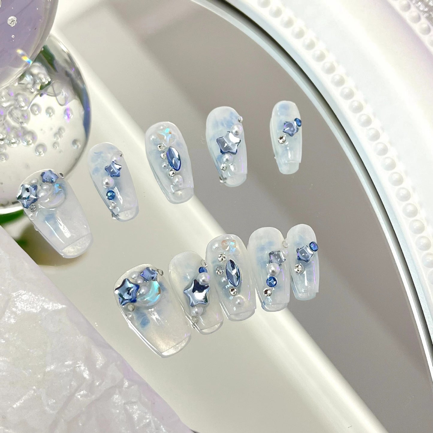 Blue Rhinestone Short Press On Nails