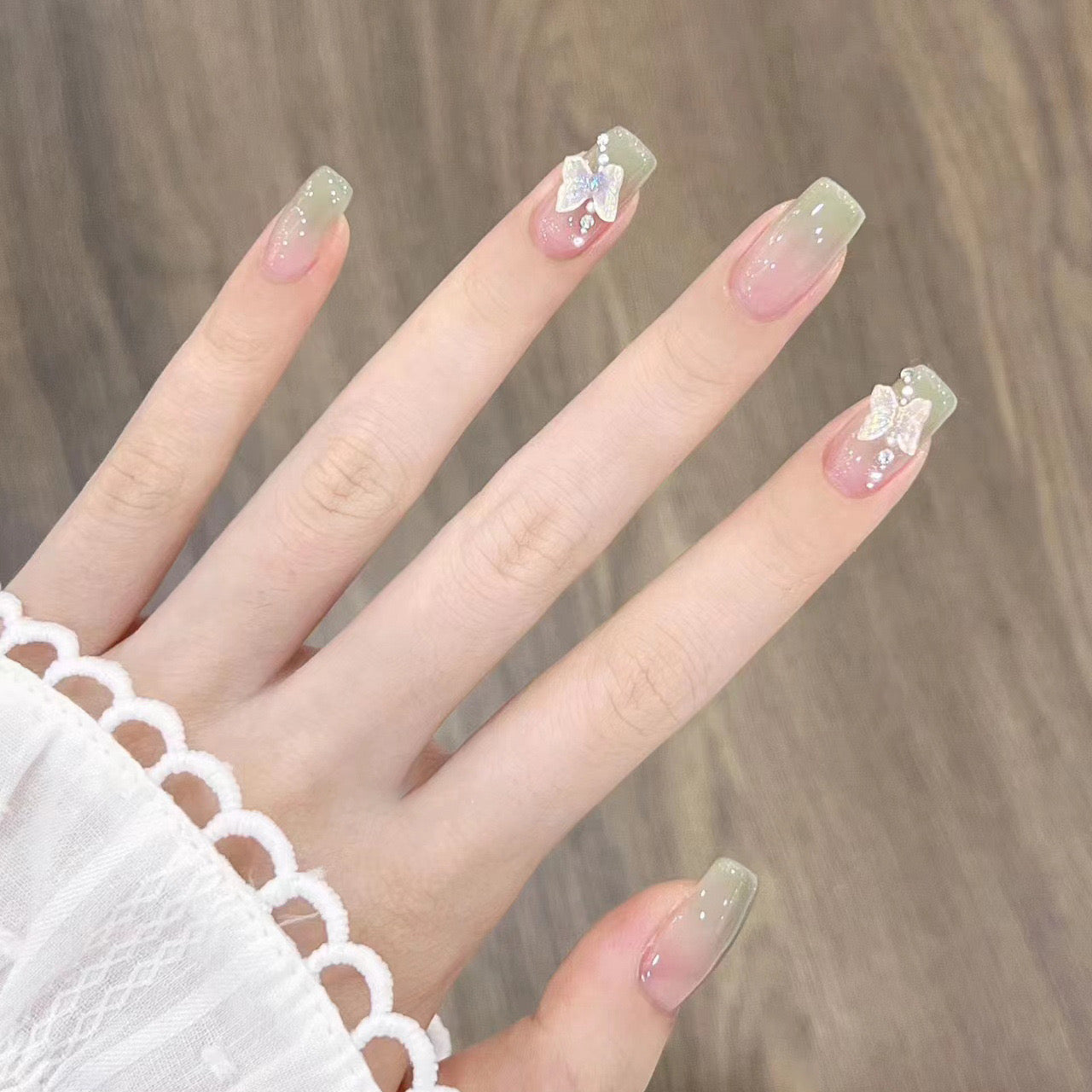 French Green Butterfly Elegant Nails