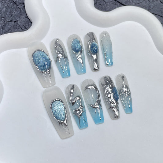 Gothic Blue 3D Chrome nails