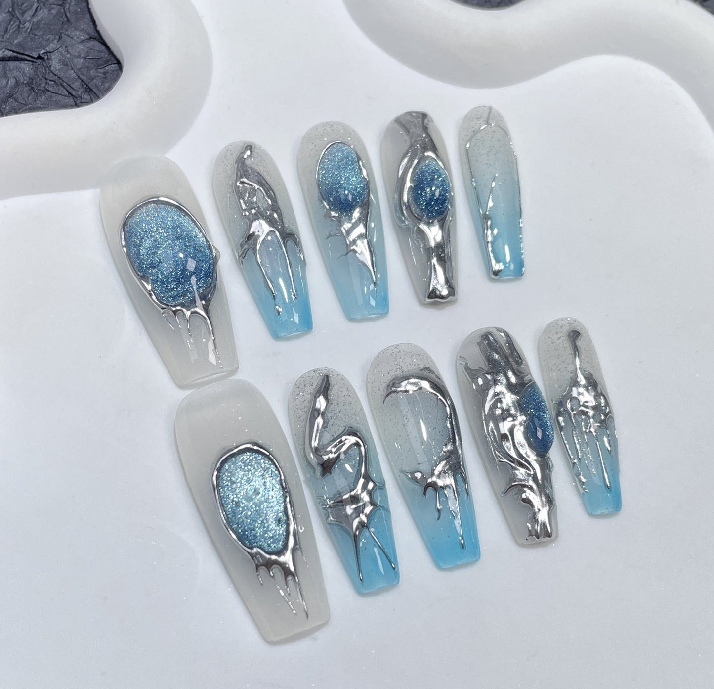 Gothic Blue 3D Chrome nails