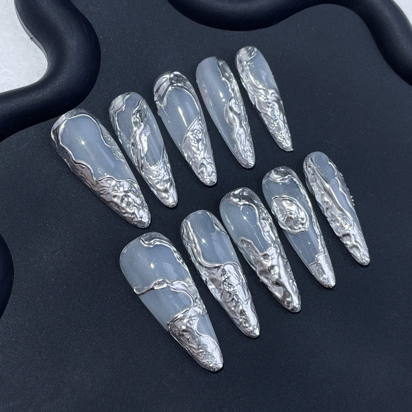 Metallic Silver Long Almond 3D Chrome nails