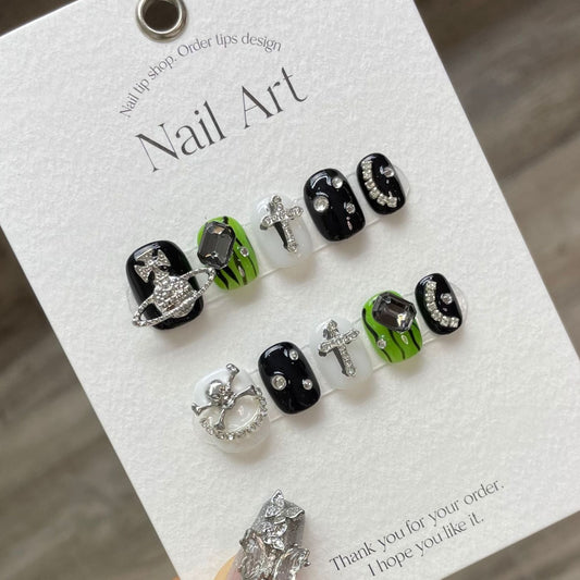 Cute Skull Green Rhinestones Short Nails