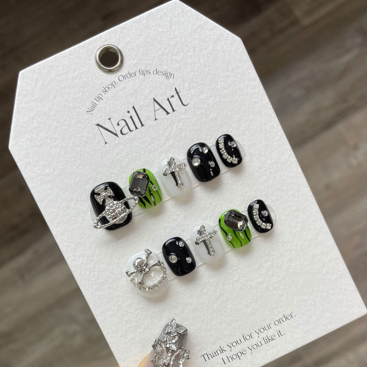 Cute Skull Green Rhinestones Short Nails