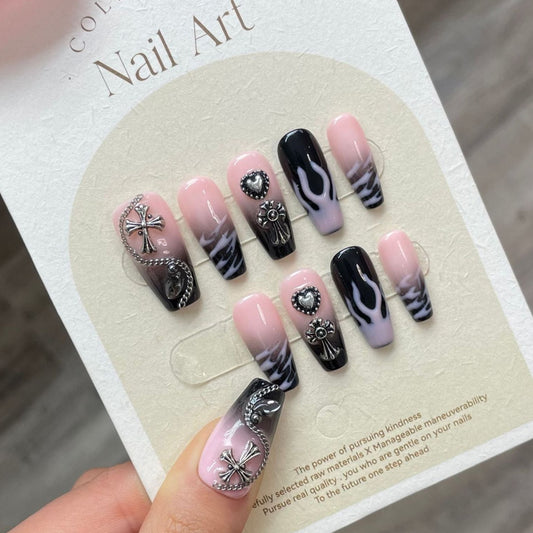 Y2K Flame Black and Pink Press On Nails