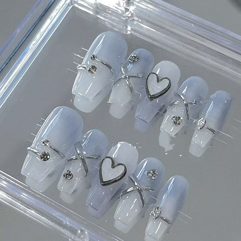 Fog Blue Gradient Heart Nails