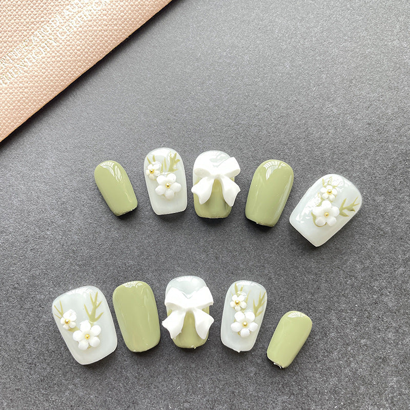 Cute Matcha Green Flower Nails