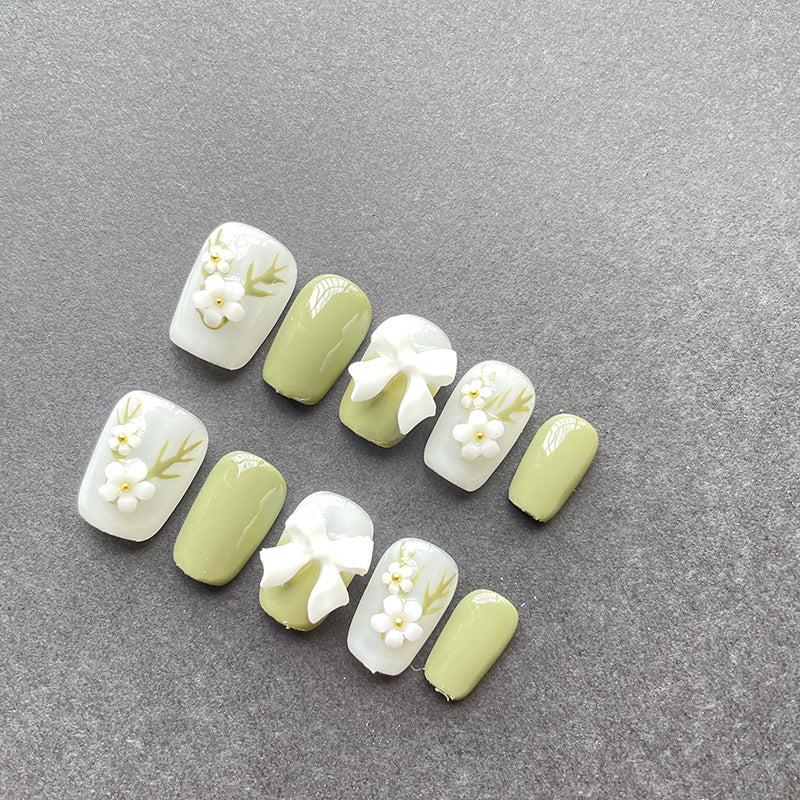 Cute Matcha Green Flower Nails