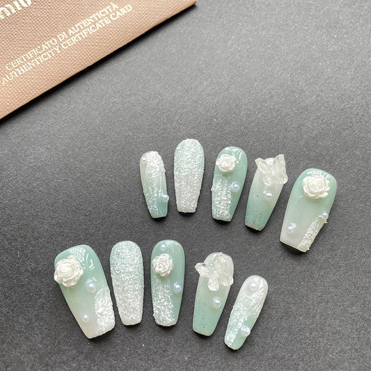 Light Green Gypsum Camellia Nails