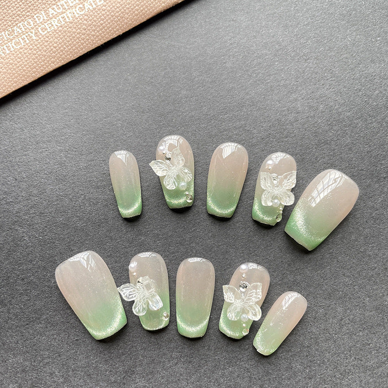 Green French Cat eye Butterfly Nails