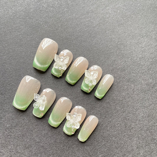 Green French Cat eye Butterfly Nails