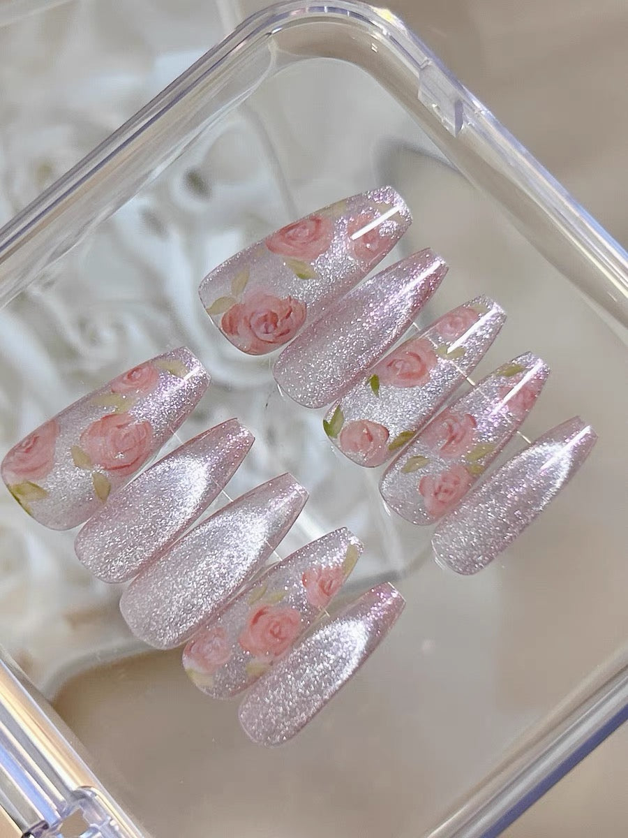 Elegant French Cat Eye Floral Nails