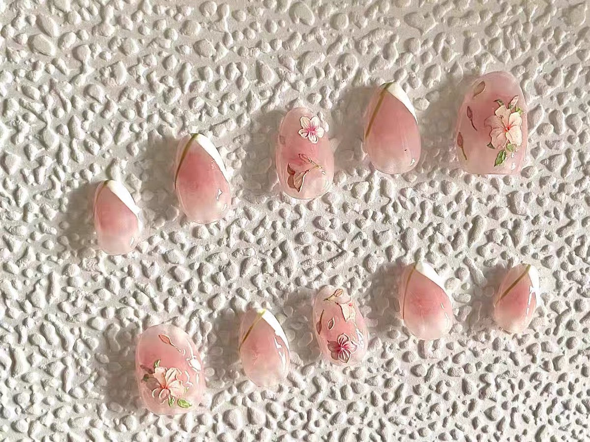 Exquisite Flower Hand Painted Pink Press On Nails