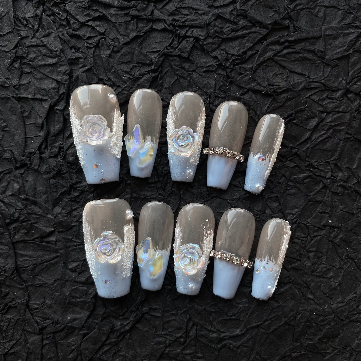 Blue French Camellia Nails