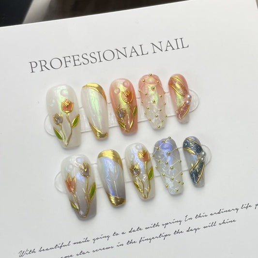 Golden Tulips Hand Painted Press On Nails