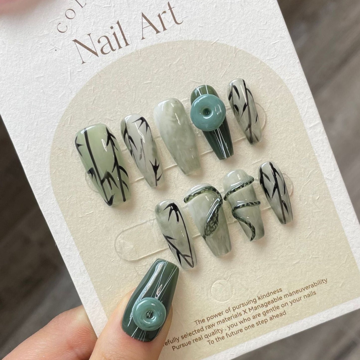 Ink Green Bamboo Jade & Snake Nails