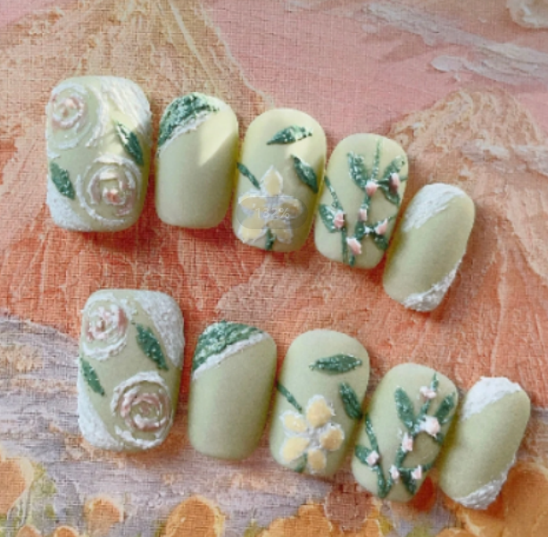 Hand Painted Green Floral Press On Nails