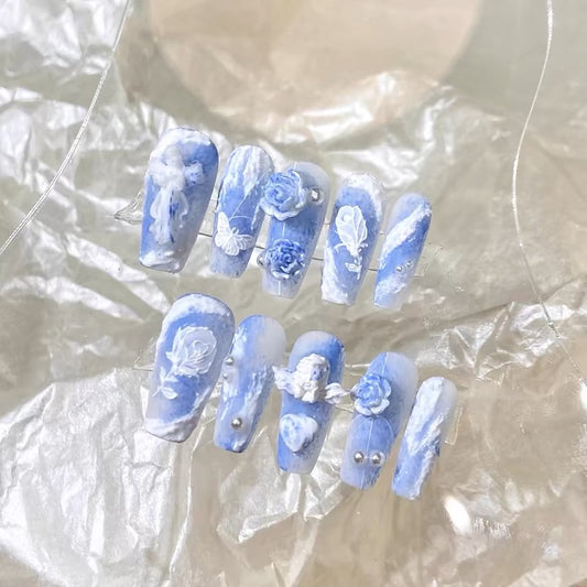 Frosted Plaster Blue Camellia Nails