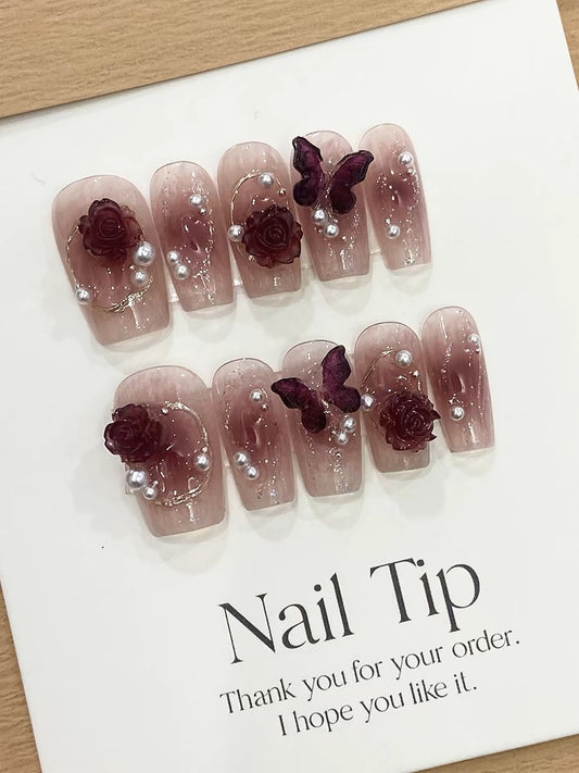 Burgundy Butterfly & Camellia Press On Nails