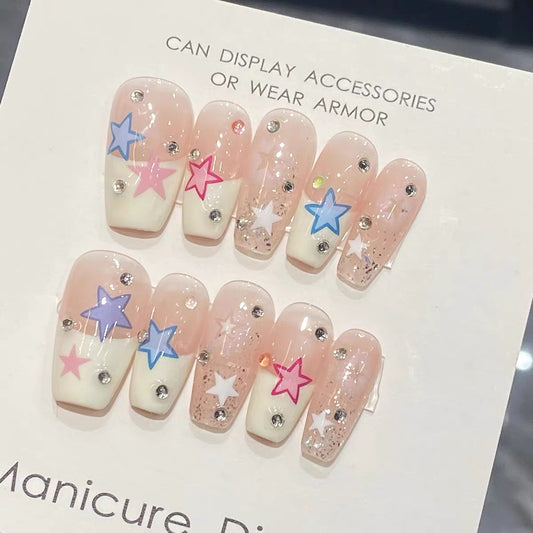 Cute White French Star Press On Nails