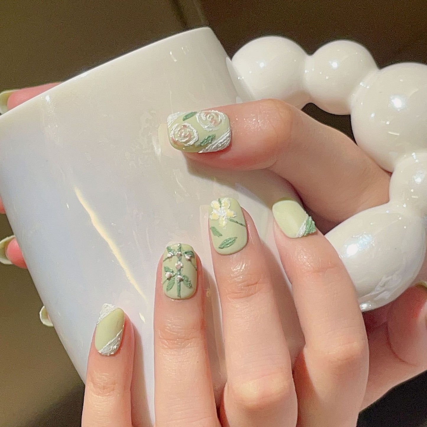 Hand Painted Green Floral Press On Nails