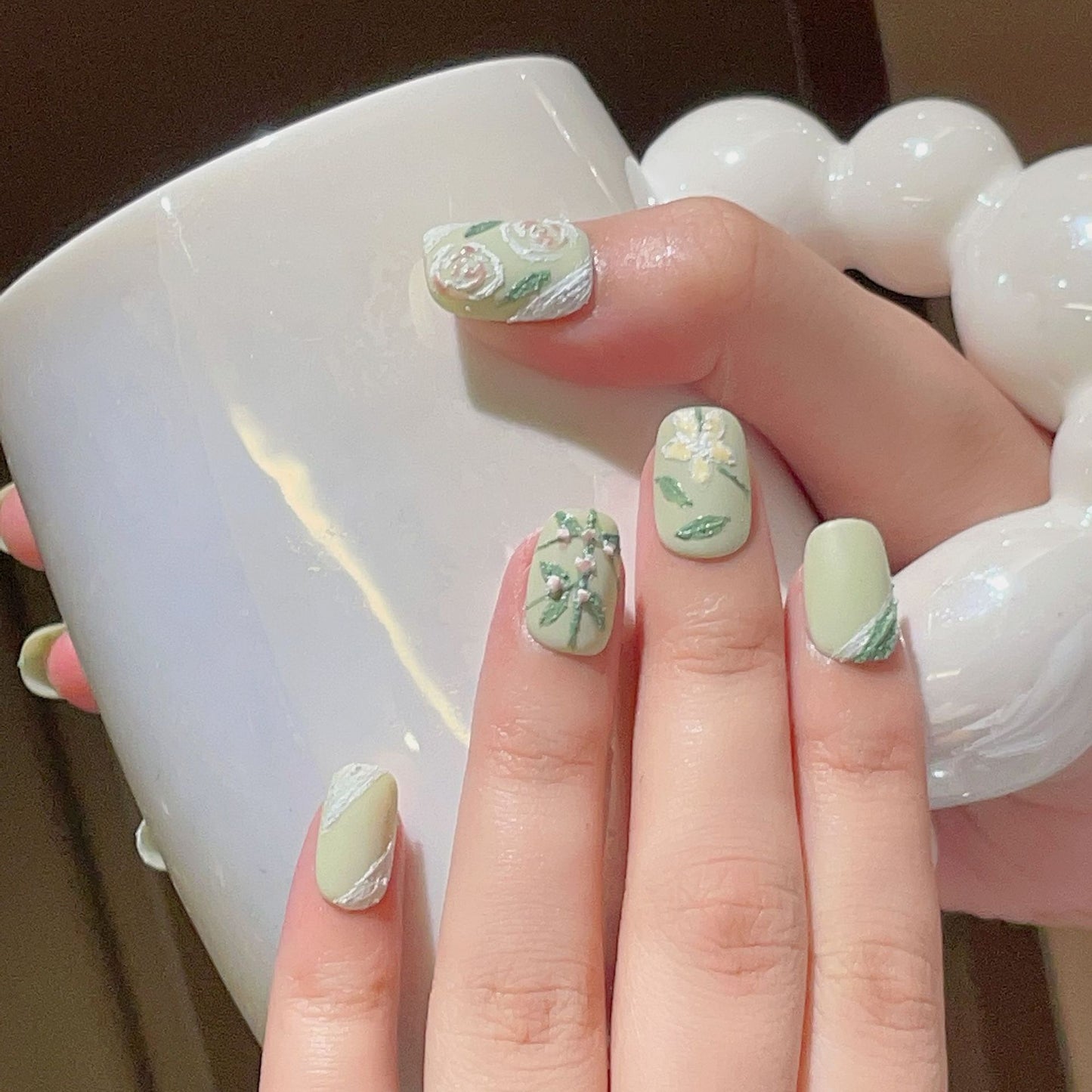 Hand Painted Green Floral Press On Nails