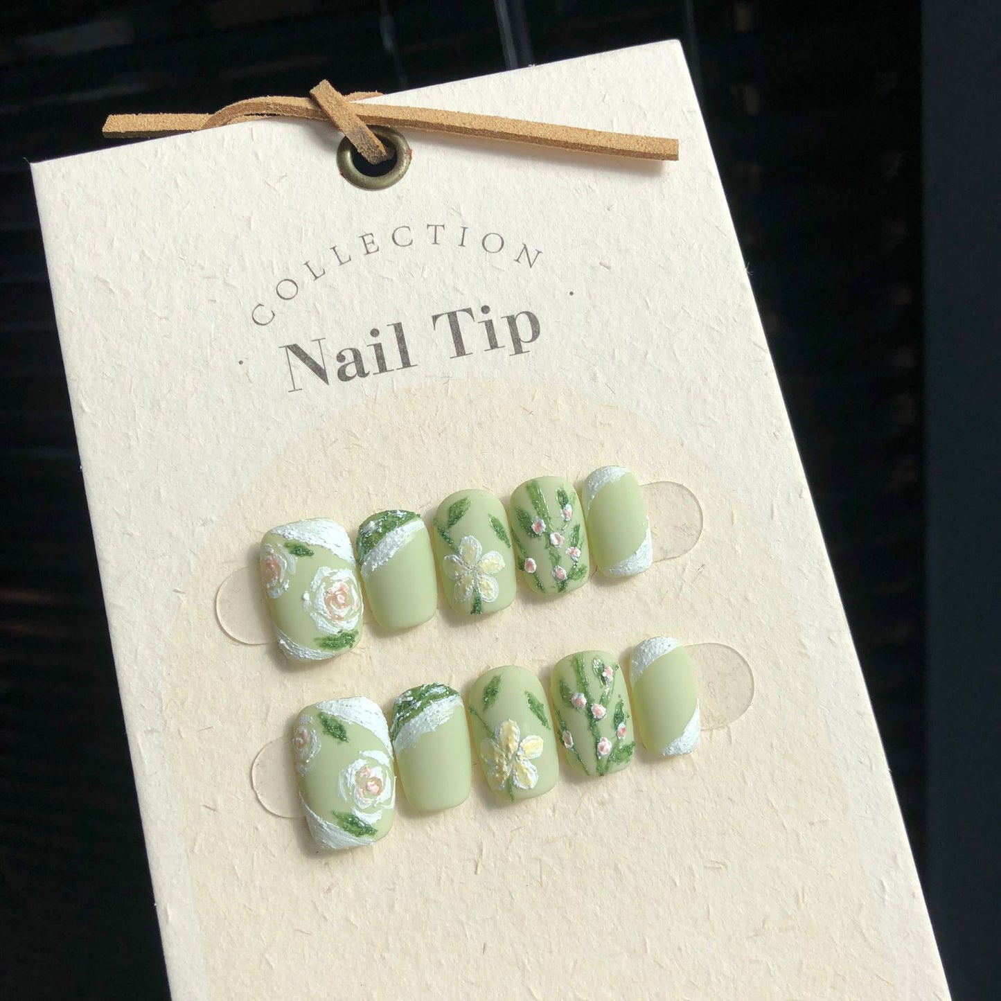 Hand Painted Green Floral Press On Nails