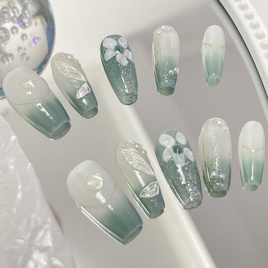 Lake Green Flower Press On Nails