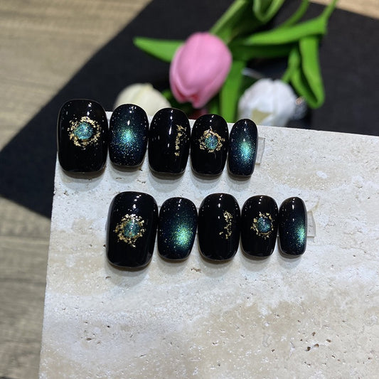 Glitter Green Aura Cat eye Press On Nails