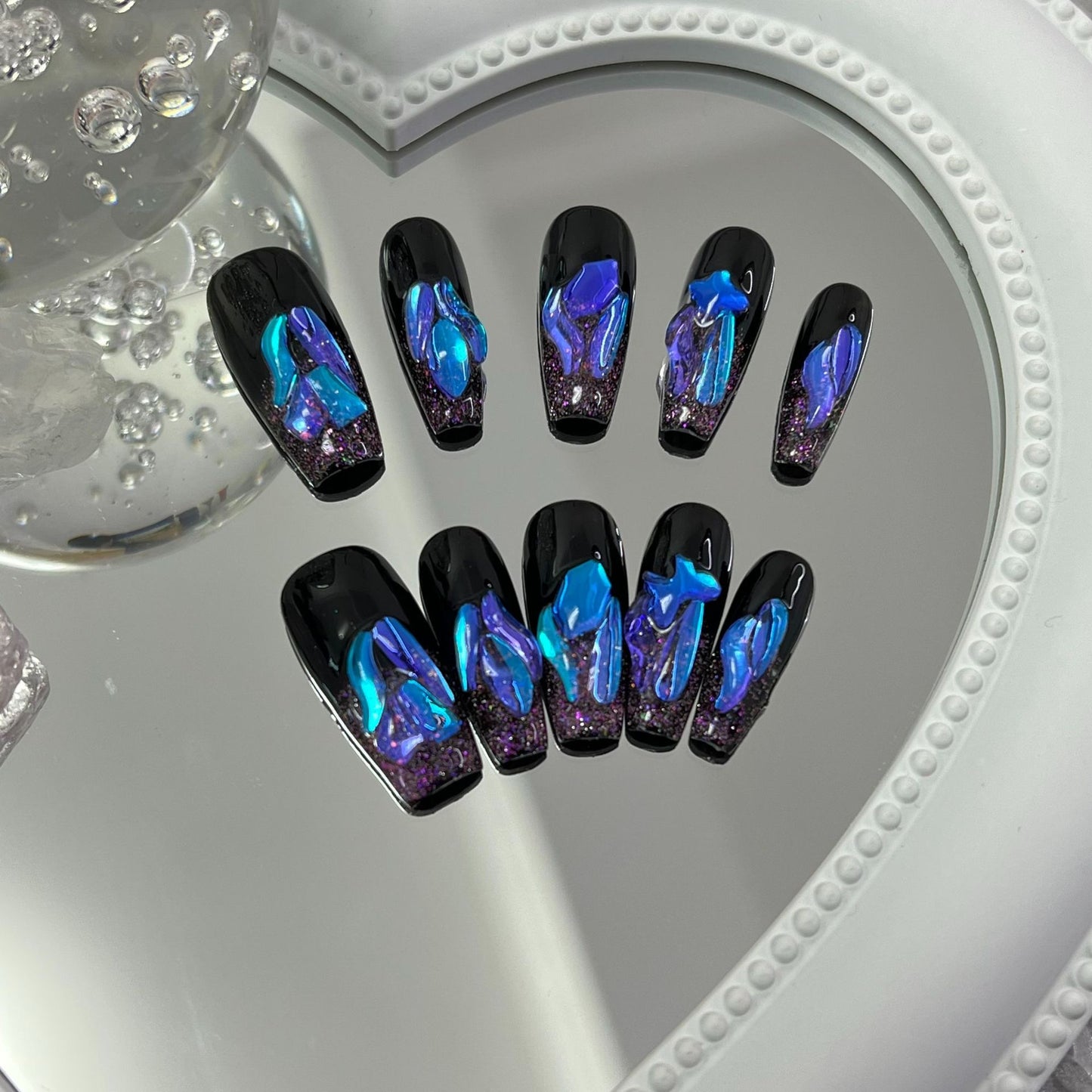 Glitter Bling Glam Dark Blue Press On Nails