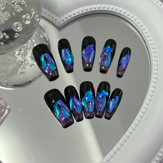 Glitter Bling Glam Dark Blue Press On Nails