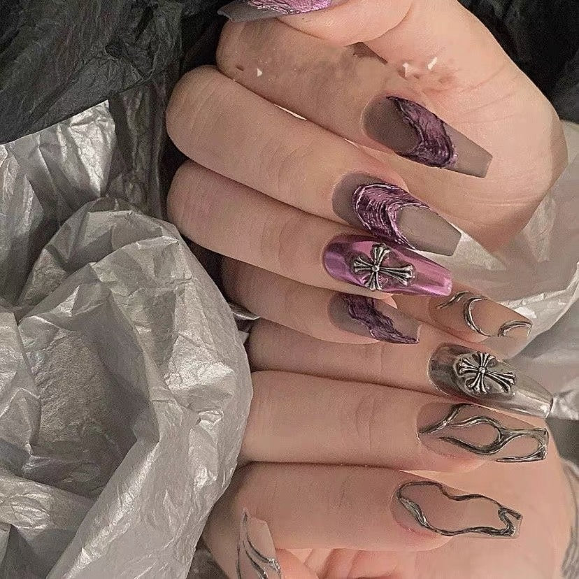 Gothic 3D Chrome Silver & Purple Press On Nails