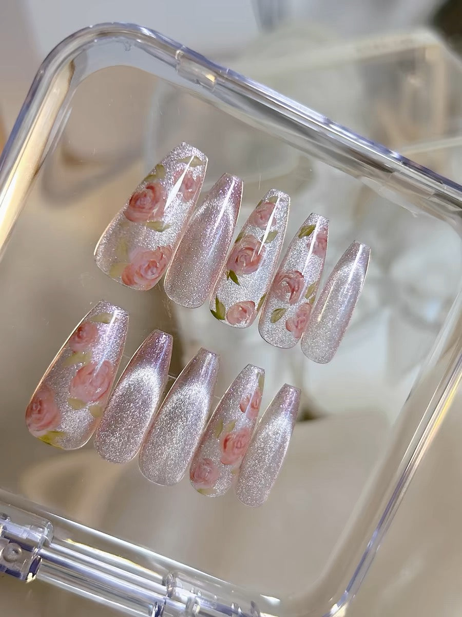 Elegant French Cat Eye Floral Nails