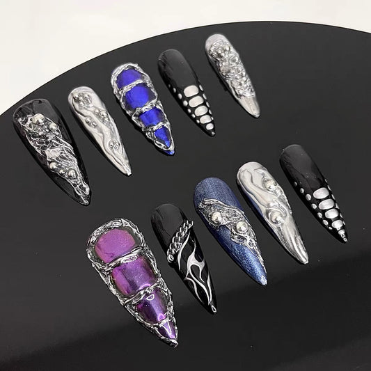 Gothic 3D Chrome Liquid Silver Press On Nails