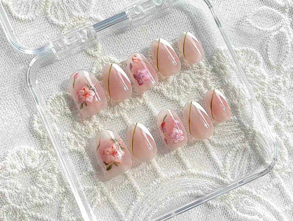 Exquisite Flower Hand Painted Pink Press On Nails