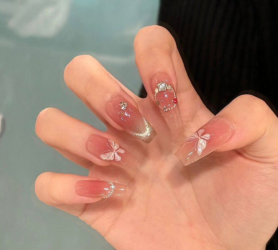 Luxury Butterfly Pink Cat Eye Press On Nails