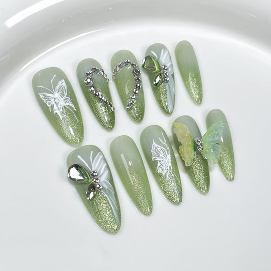 Spring Butterfly Green Press On Nails Almond