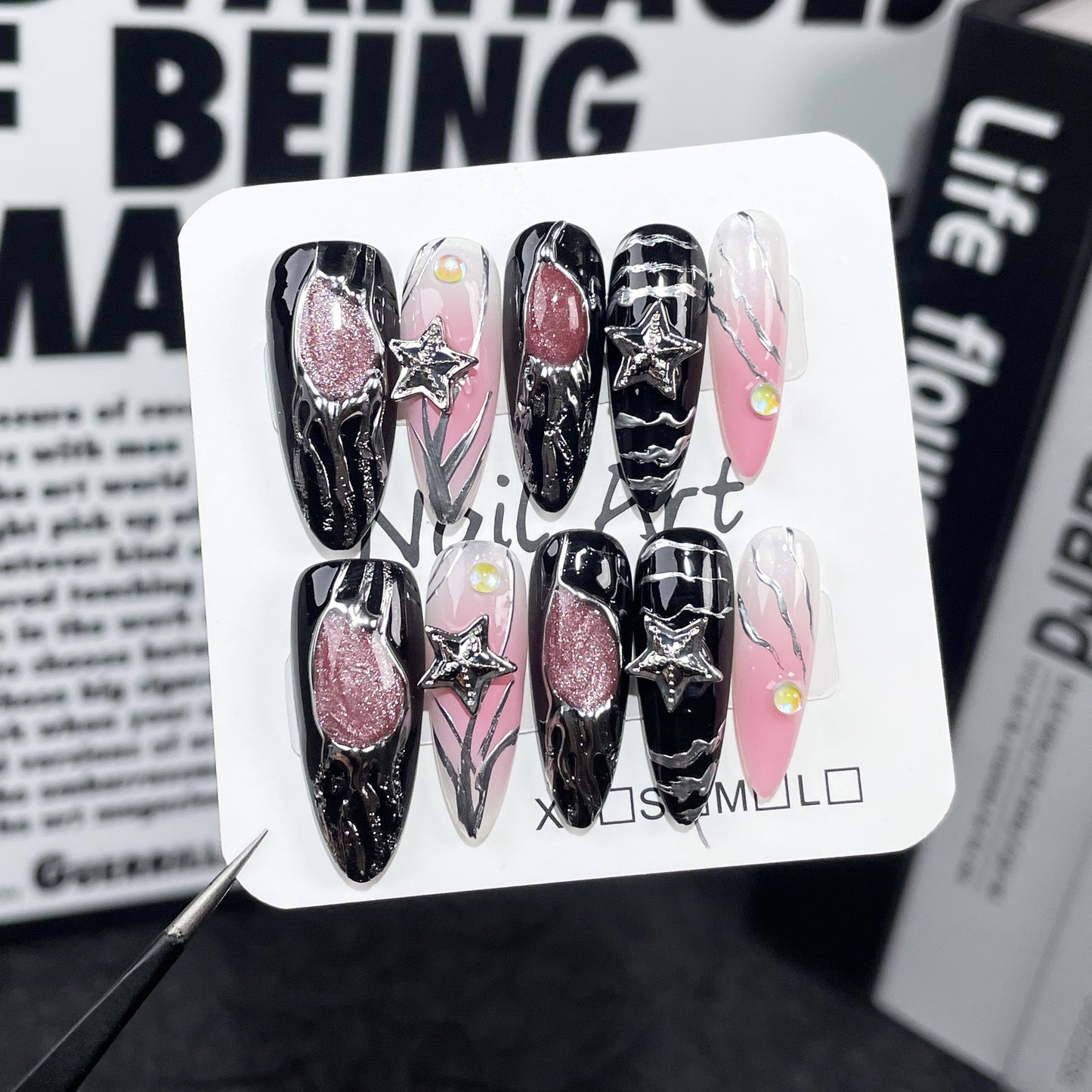 Gothic Y2K Pink Punk 3D Chrome Nails