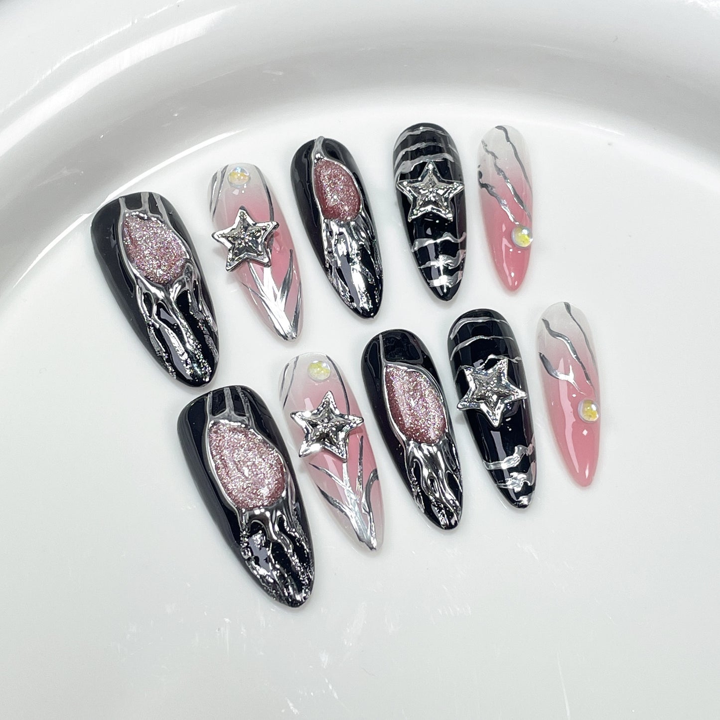 Gothic Y2K Pink Punk 3D Chrome Nails