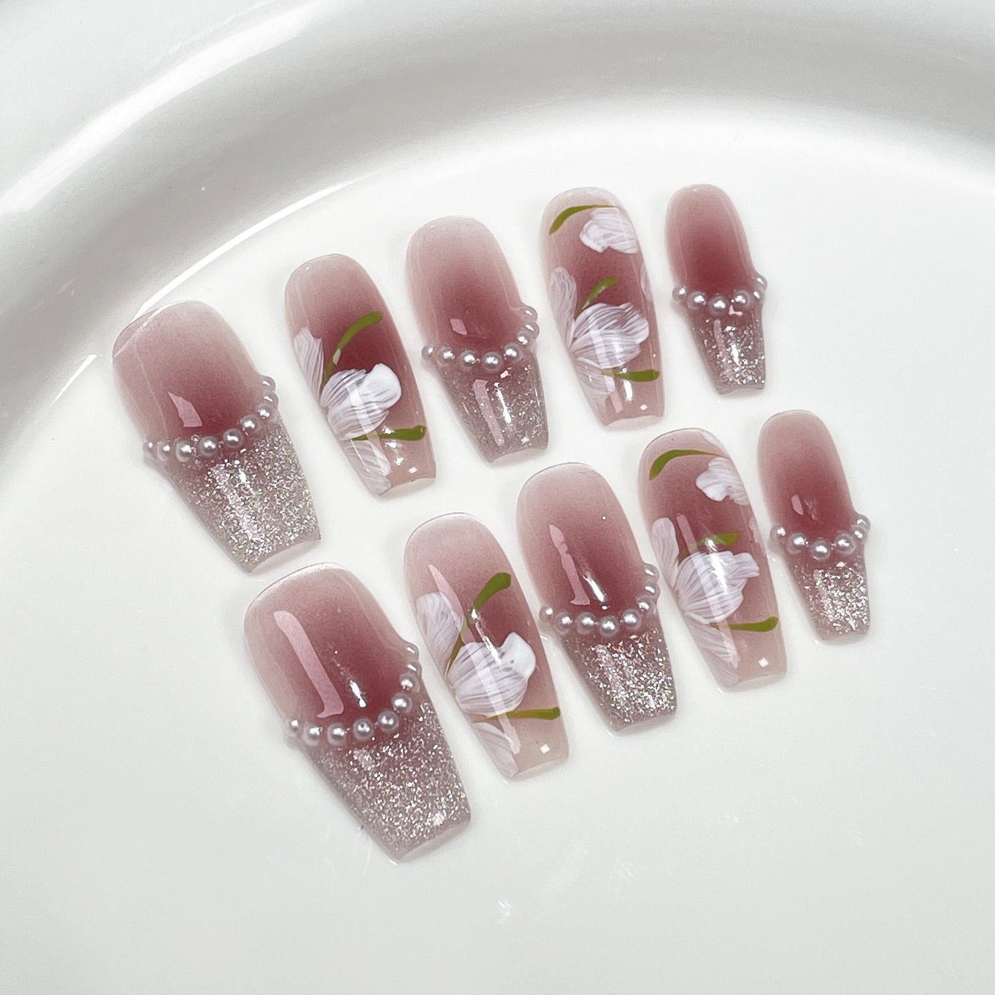 Aura Pink French Pearl Press On Nails