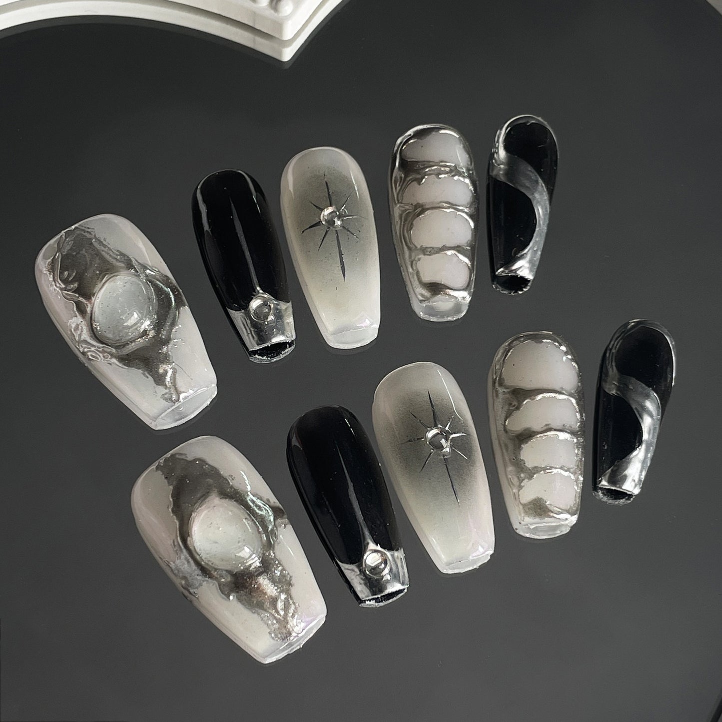 Gothic Black and Silver Chrome Press On Nails