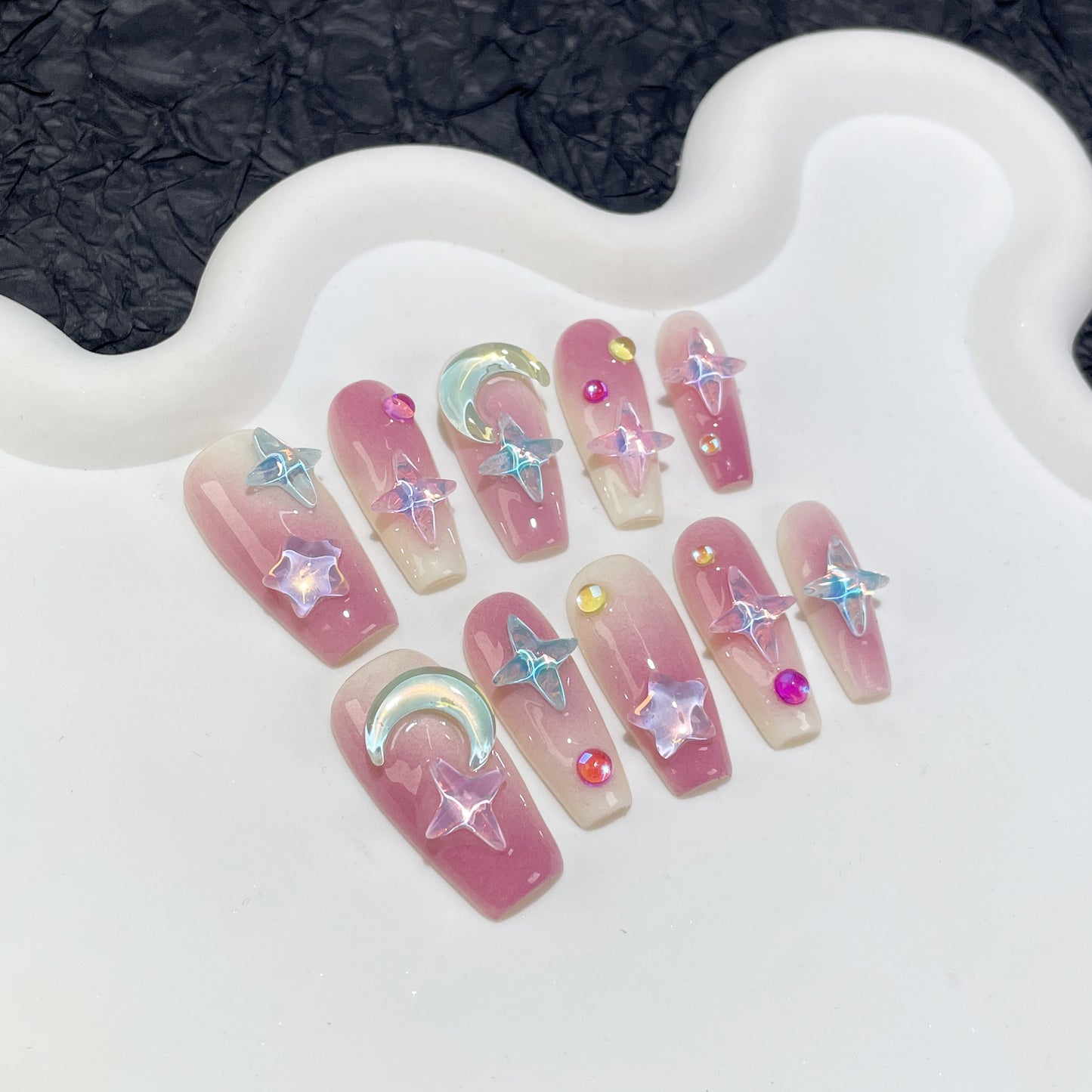 Pink Moon&star Rhinestone Press On Nails