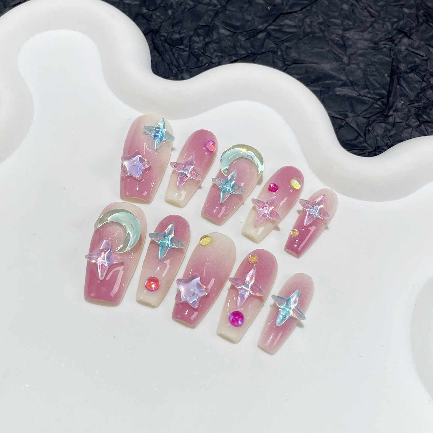 Pink Moon&star Rhinestone Press On Nails