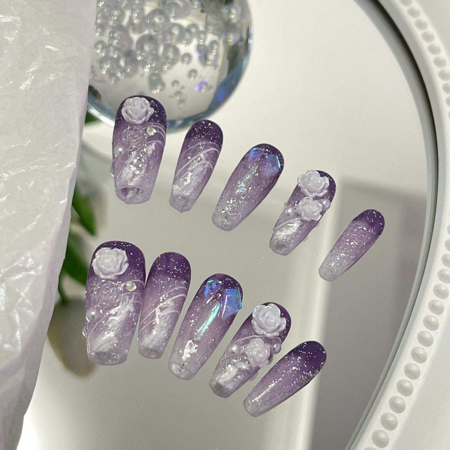 Purple Glitter Camellia Press On Nails