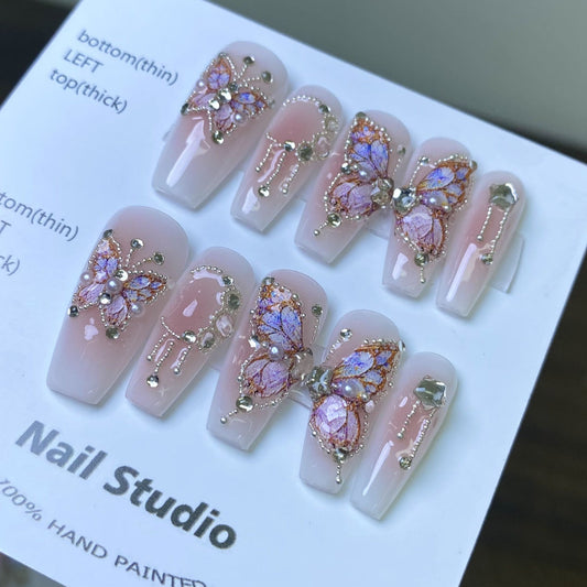 Luxury Butterfly Pink Press On Nails
