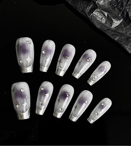 Silver French Purple Aura Press On Nails