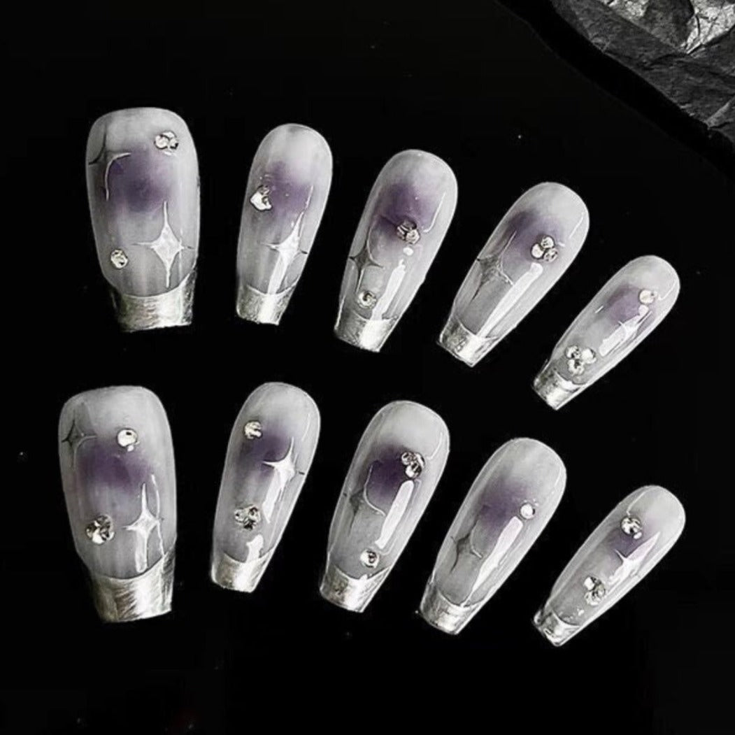 Silver French Purple Aura Press On Nails