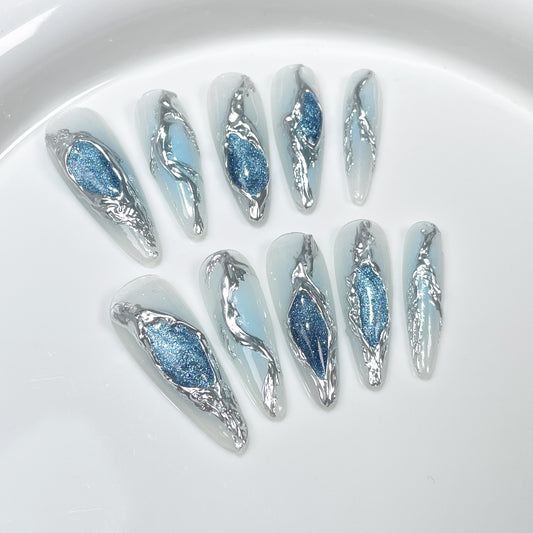 Blue 3D Chrome free Style Press On Nails