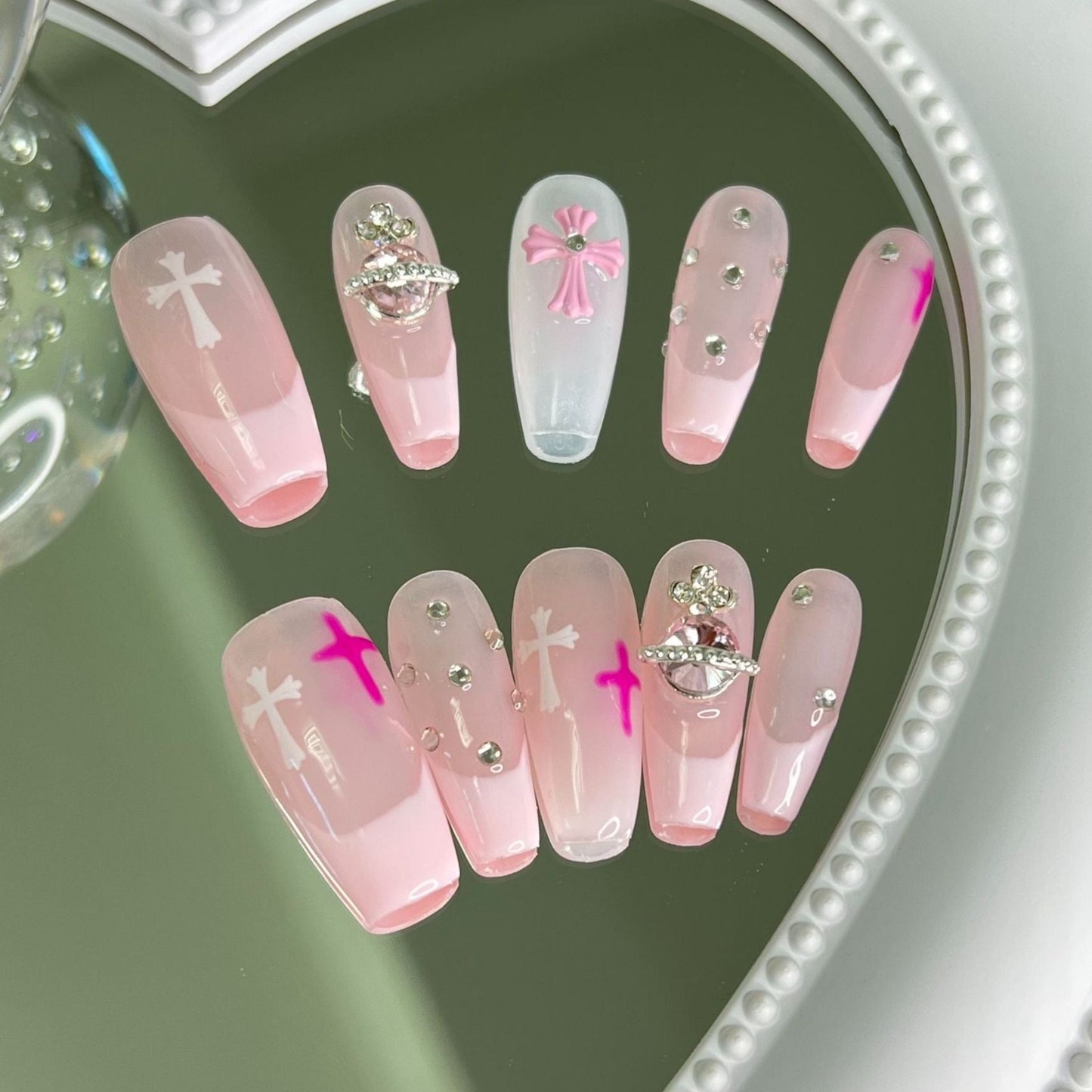 French Cross Pink Press On Nails