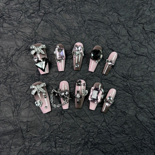 Black Pink Rhinestones Luxury Press On Nails